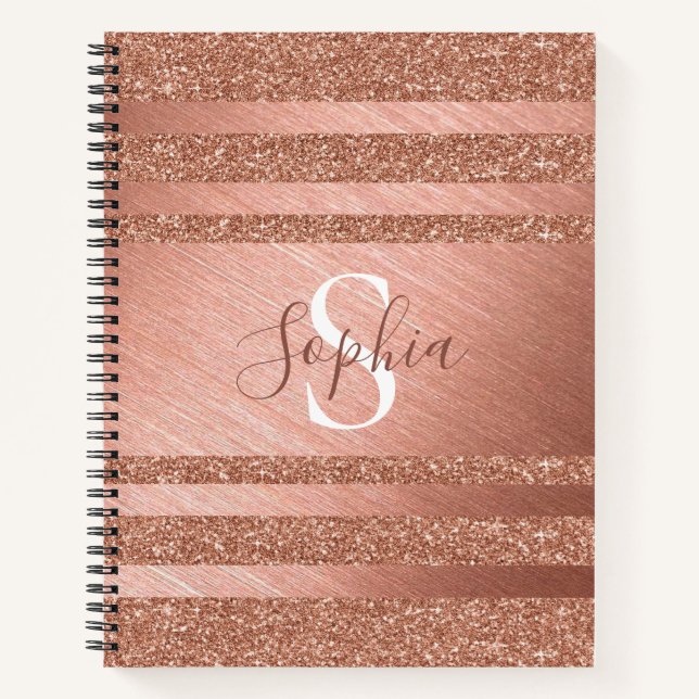 Niedlich gestreifte Rose Gold Glitzer Metal Mit Mo Notizbuch (Vorderseite)