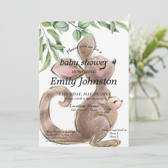 Niedlich gestrichene Kangaroo Gender Neutral Baby  Einladung (Stehend Vorderseite)