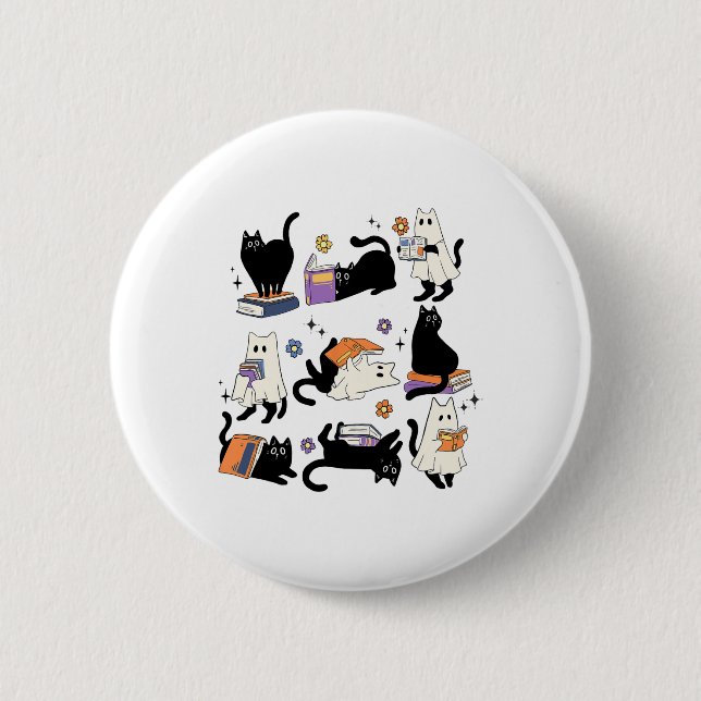 Niedlich Ghost Black Cat Reading Bücher Spooky Hal Button (Vorderseite)