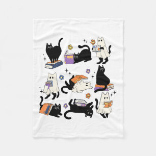 Niedlich Ghost Black Cat Reading Bücher Spooky Hal Fleecedecke