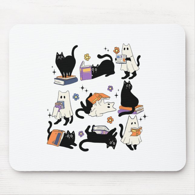 Niedlich Ghost Black Cat Reading Bücher Spooky Hal Mousepad (Vorne)