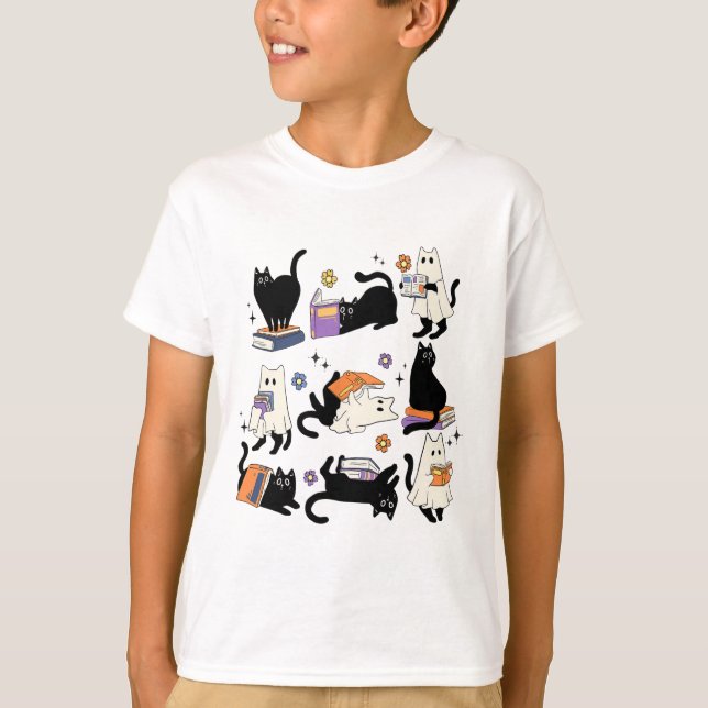 Niedlich Ghost Black Cat Reading Bücher Spooky Hal T-Shirt (Vorderseite)