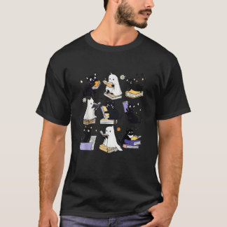 Niedlich Ghost Black Cat Reading Bücher Spooky Hal T-Shirt