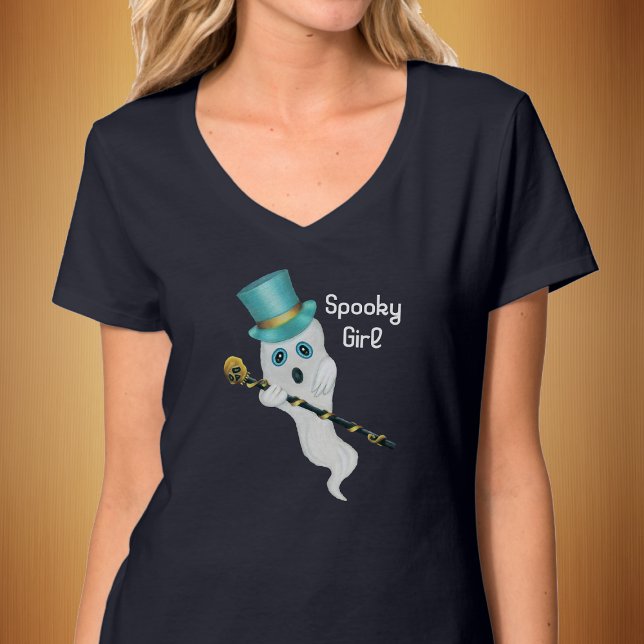 Niedlich Ghost Blue Top Hat Verziert Skull Cane Sp (Spooky girl cute ghost blue eyes in top hat with gold black skull cane on womans tee shirt Halloween)