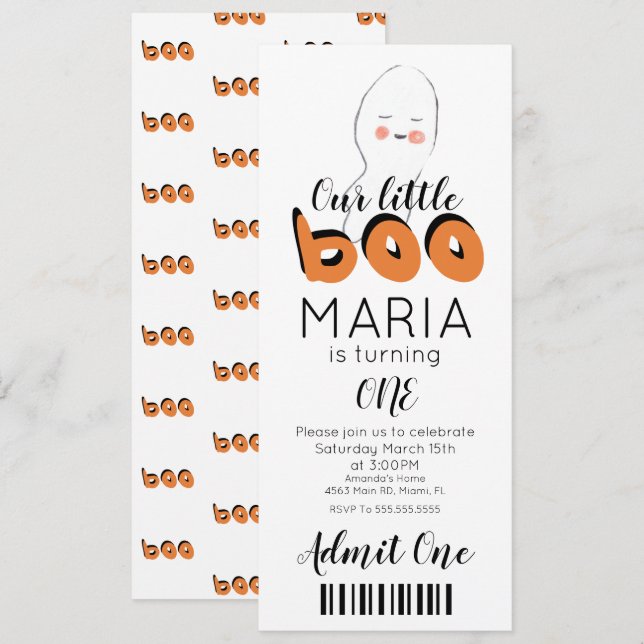 Niedlich Ghost Boo Ticket Style Party Einladung (Vorne/Hinten)