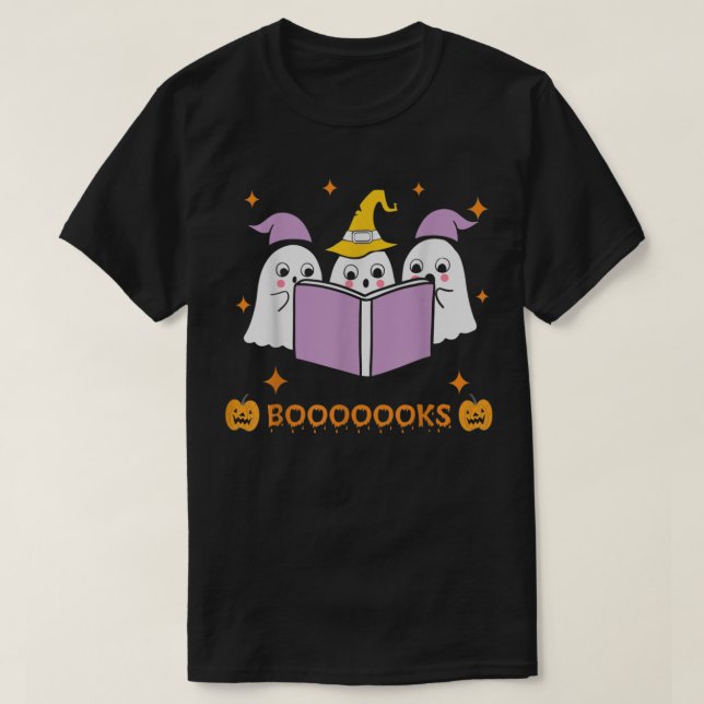 Niedlich Ghost Book Reading Halloween Lehrer Funny T-Shirt (Design vorne)