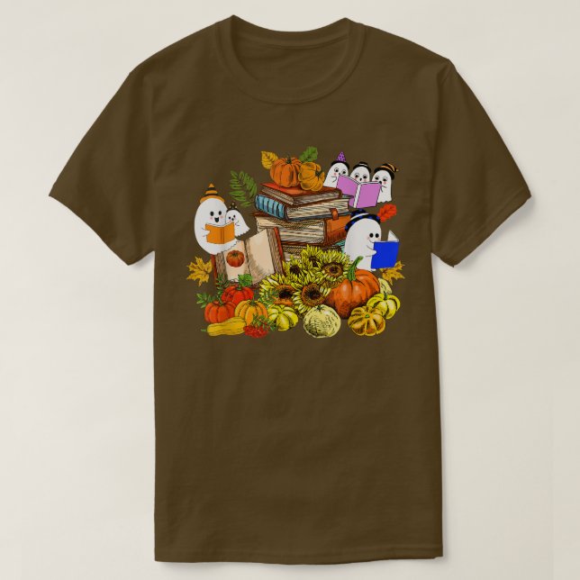 Niedlich Ghost Book Reading Lover Pumpkins Sunflow T-Shirt (Design vorne)