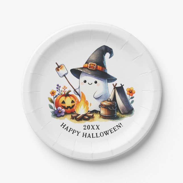 Niedlich Ghost Camping Happy Halloween Pappteller (Vorderseite)