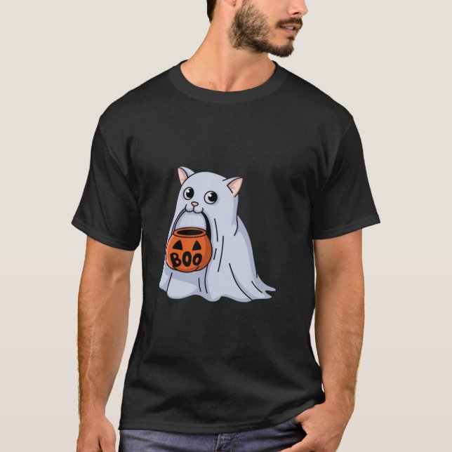 Niedlich Ghost Cat Halloween Boo T-Shirt (Vorderseite)
