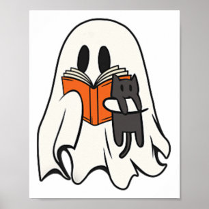 Niedlich Ghost Cat Lesen Buch Spooky Jahreszeit Ha Poster