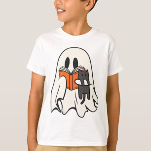 Niedlich Ghost Cat Lesen Buch Spooky Jahreszeit Ha T-Shirt