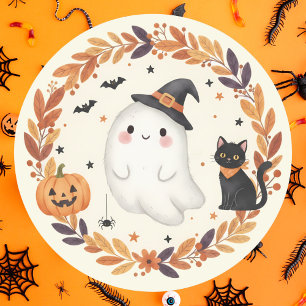 Niedlich Ghost Cat Pumpkin Autumn Wreath Halloween Runder Aufkleber