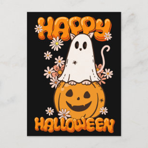 Niedlich Ghost Cat Pumpkin Blume Happy Halloween Postkarte