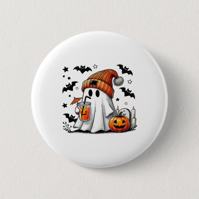 Niedlich Ghost Drink Kaffee Halloween Ghost Ice Co Button (Vorderseite)