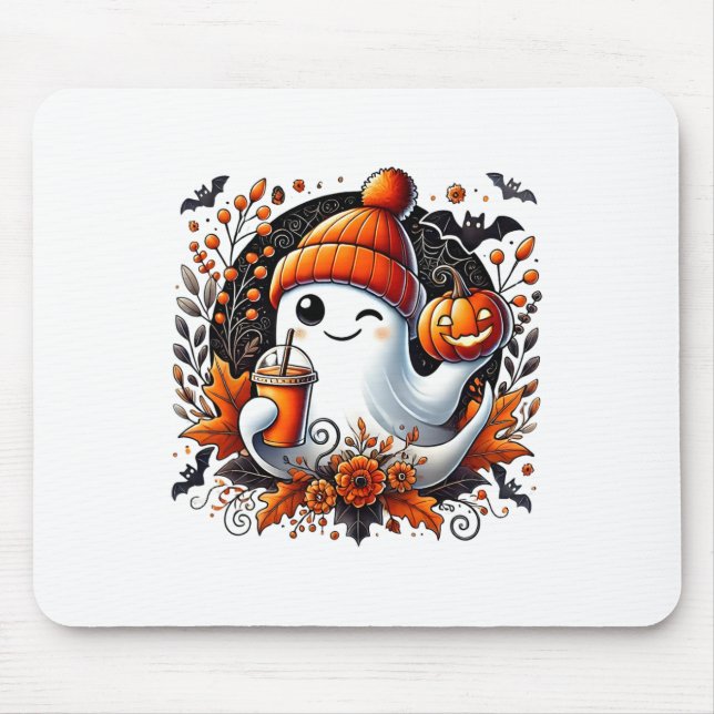 Niedlich Ghost Drink Kaffee Halloween Thema Spooky Mousepad (Vorne)