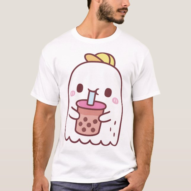 Niedlich Ghost Drinking Boba Tea T-Shirt (Vorderseite)