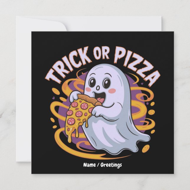 Niedlich Ghost Eating Pizza Fun Creepy Trick oder  Einladung (Vorderseite)