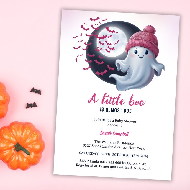 Niedlich Ghost eine kleine Boo Halloween Girl Baby Einladung (Cute Ghost A Little Boo Is Almost Due Halloween-Themed Pink Girl Baby Shower Invitation)