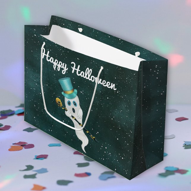 Niedlich Ghost Extravagant Hut und Skull Cane Floa Große Geschenktüte (Fun fancy white ghost top hat gold skull cane floating in blue night sky Halloween gift bag.)