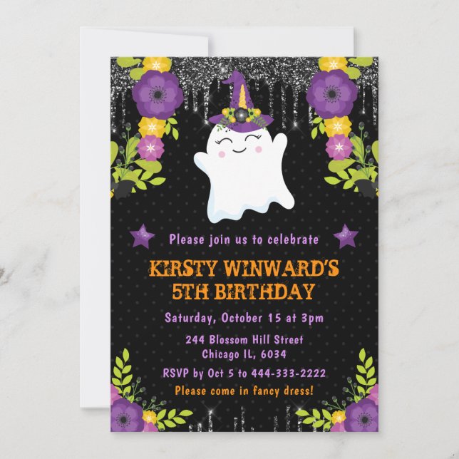 Niedlich Ghost Floral Halloween Geburtstag Einladung (Vorderseite)