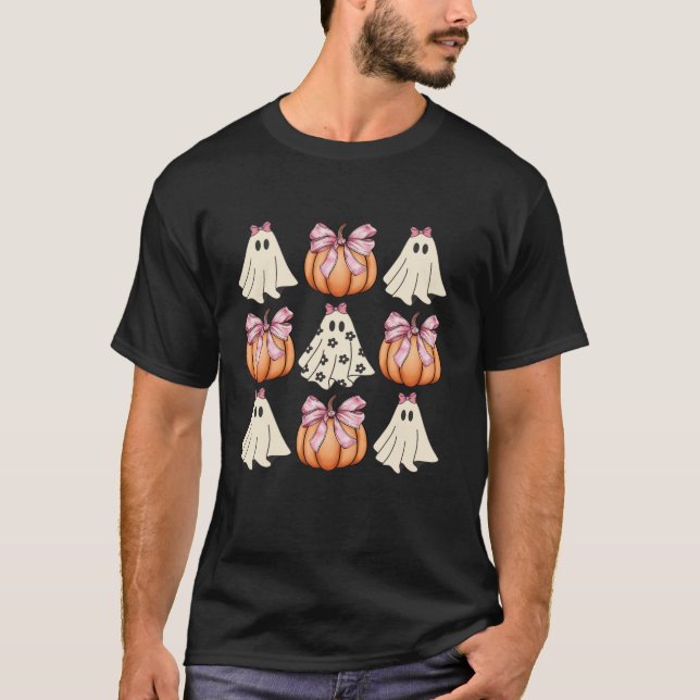 Niedlich Ghost Florals Pink Coquette Bows Pumpkins T-Shirt (Vorderseite)