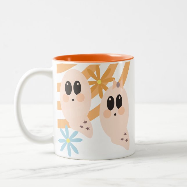 Niedlich Ghost Ghoul Retro Groovy Floral Zweifarbige Tasse (Links)
