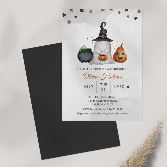 Niedlich Ghost Halloween Kinderdusche Einladung (Halloween Baby Shower Invitation on grey table.)