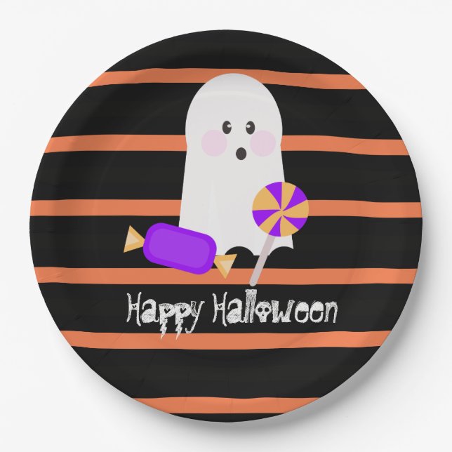 Niedlich Ghost Halloween Orange Black Stripes Pappteller (Vorderseite)