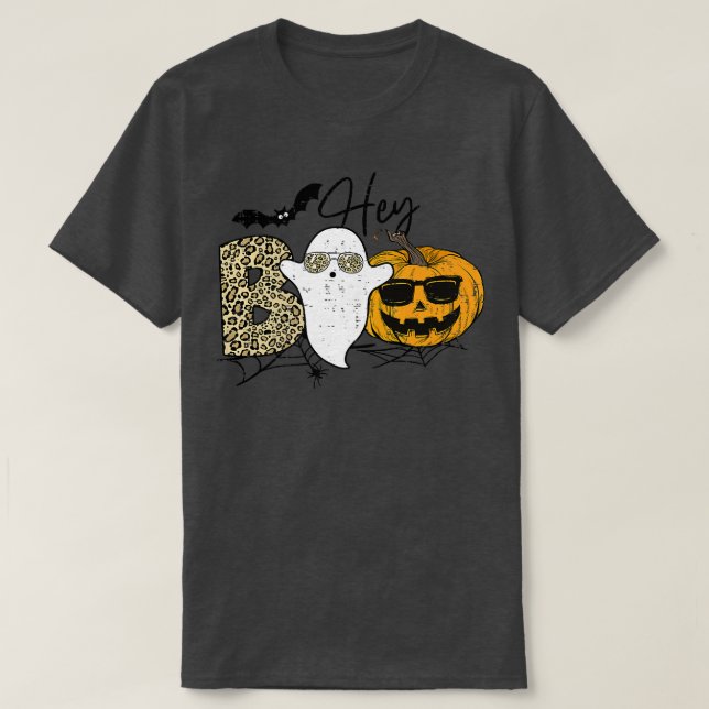 Niedlich Ghost Halloween Pumpkin Face Leopard Hey  T-Shirt (Design vorne)