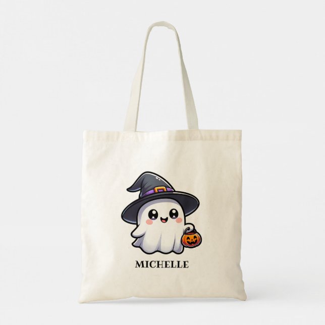 Niedlich Ghost Individuelle Name Halloween Tote Ta Tragetasche (Rückseite)