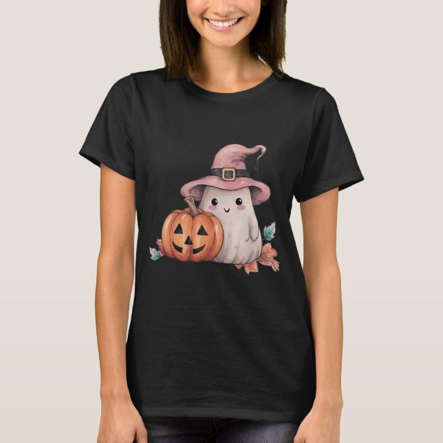 Niedlich Ghost Jack-O' Lantern Blätter Schwarzes H T-Shirt (Vorderseite)