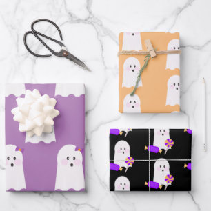 Niedlich Ghost Lila Orange Halloween Ghoul Geschenkpapier Set