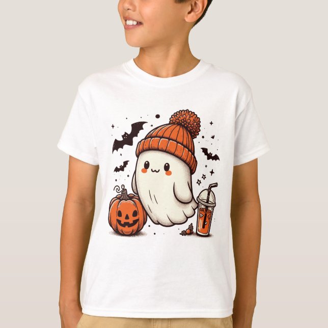 Niedlich Ghost mit Pumpkin Halloween T-Shirt (Vorderseite)