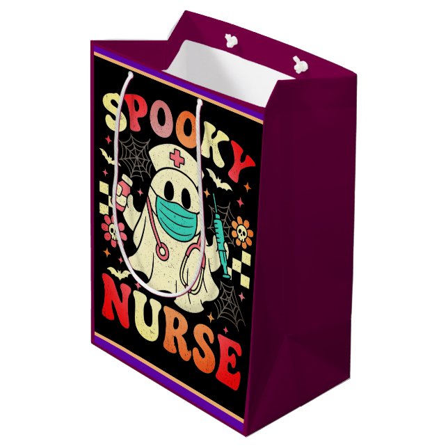 Niedlich Ghost Nurse Halloween Graphic Retro Paste Mittlere Geschenktüte (Rückseite Schrägansicht)