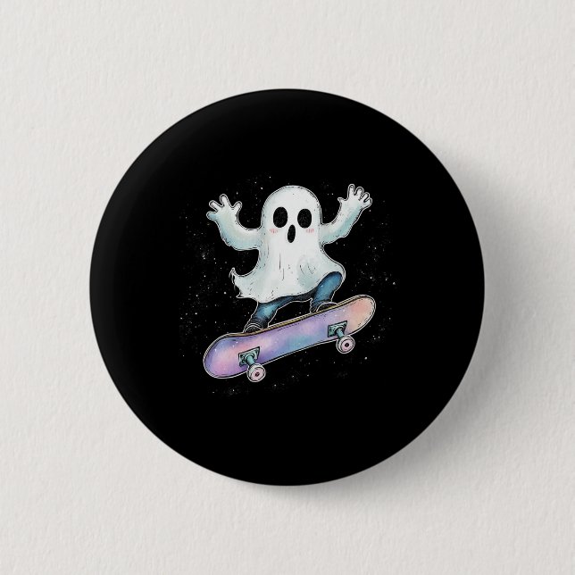 Niedlich Ghost on Skateboard Funny Halloween Skate Button (Vorderseite)