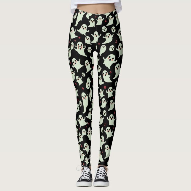 Niedlich Ghost Pattern Halloween Spooky Kawaii Des Leggings (Vorderseite)