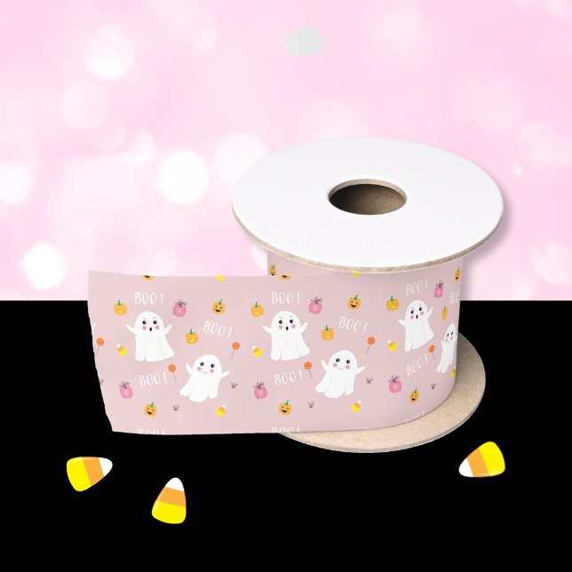 Niedlich Ghost Pattern rosa Halloween Band Satinband (Pink ribbon with a cute pattern with ghost and candies . )