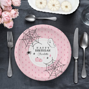 Niedlich Ghost Pink Halloween Happy Birthday Name Pappteller