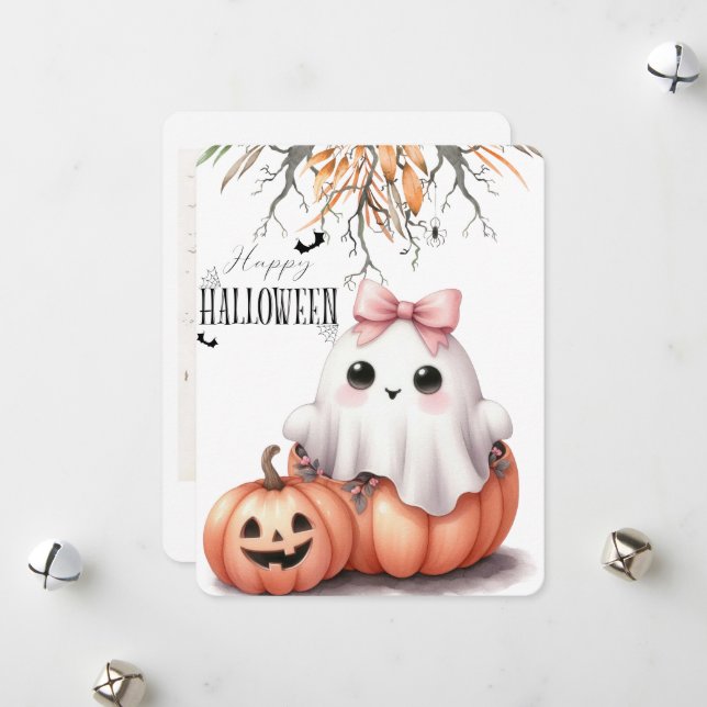 Niedlich Ghost Pumpkin Bat Halloween Feiertagskarte (Vorderseite/Rückseite Beispiel)
