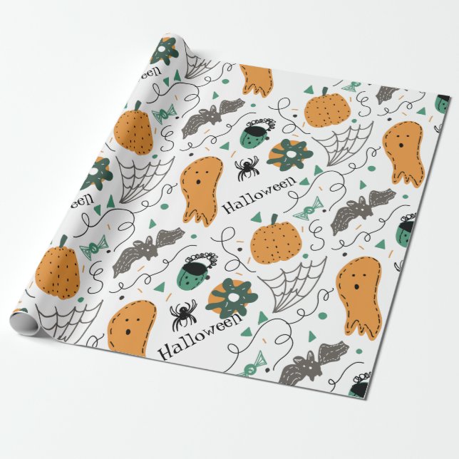 Niedlich Ghost Pumpkin Halloween Doodles Illustrat Geschenkpapier (Ungerollt)