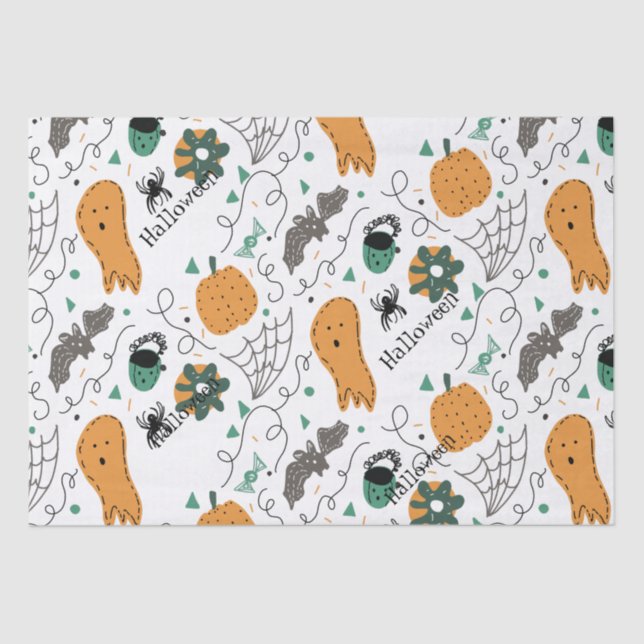 Niedlich Ghost Pumpkin Halloween Doodles Illustrat Seidenpapier (Vorderseite)