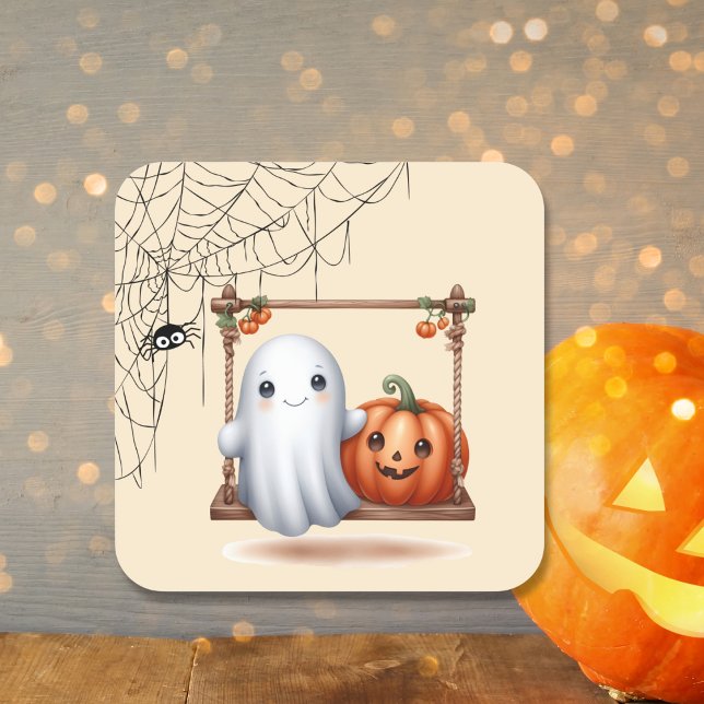 Niedlich Ghost Pumpkin Halloween Quadratischer Aufkleber (Von Creator hochgeladen)
