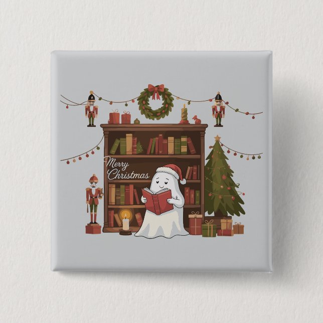 Niedlich Ghost Reading Book Christmas Reading Button (Vorderseite)