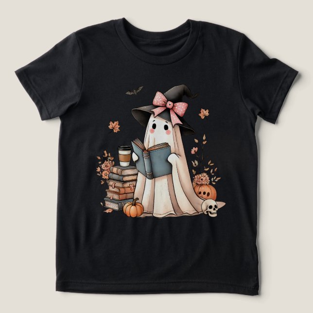 Niedlich Ghost Reading Book Lovers Halloween Ghost Tri-Blend Shirt (Design Vorderseite)