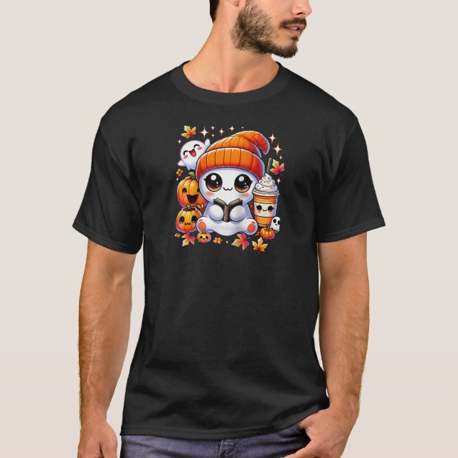 Niedlich Ghost Reading Book Pumpkins Fall Chocolat T-Shirt (Vorderseite)