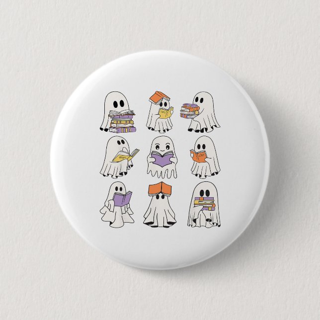 Niedlich Ghost Reading Books Funny Halloween Books Button (Vorderseite)