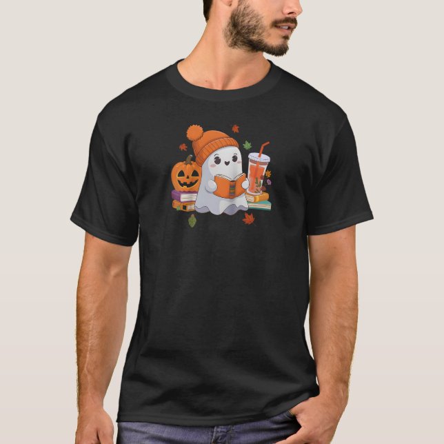 Niedlich Ghost Reading Buch Halloween Coffee Lover T-Shirt (Vorderseite)