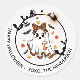 Niedlich Ghost Round Sticker - Halloween Bow & Bat
