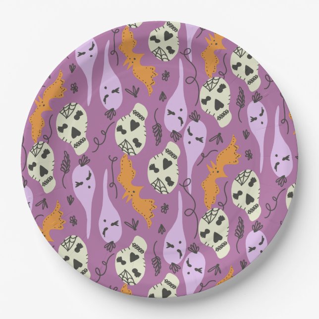 Niedlich Ghost Skull Bat Halloween Doodles Lila Pappteller (Vorderseite)