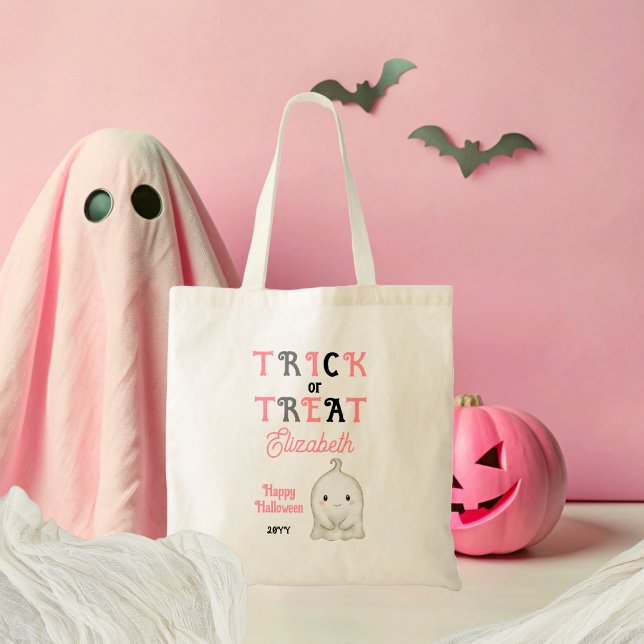 Niedlich Ghost Trick oder Treat Halloween Tragetasche (Cute Rosy-Cheeked Ghost Pink, Black and Gray Trick or Treat Halloween Tote Bag)
